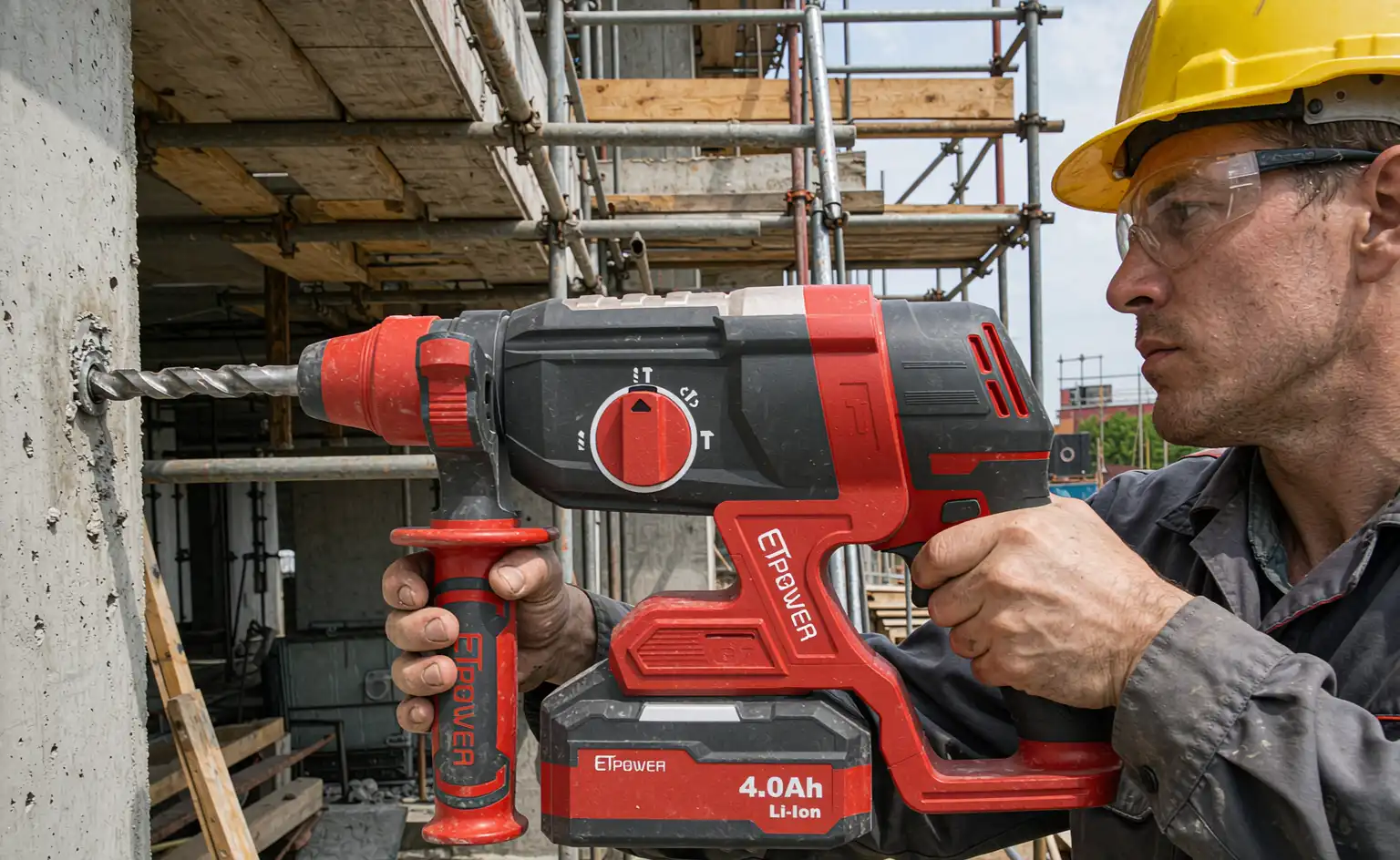 ETPower Cordless rotary hammer drill working